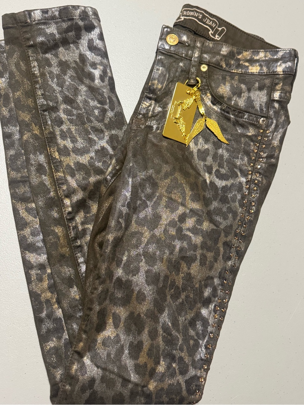 Robin's slim fit leopard print with embellished rhinestones Crystals Made in USA